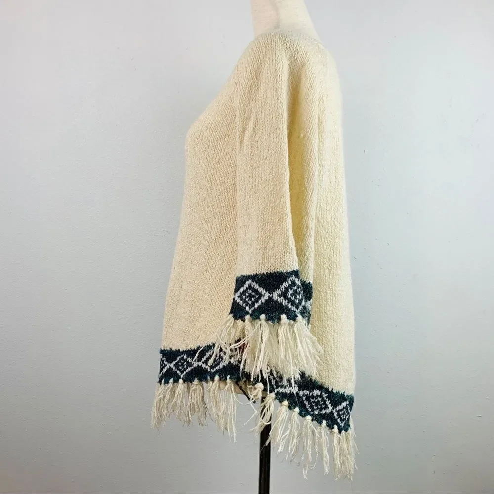 Vintage Fringe Knit Button Front Poncho Sweater